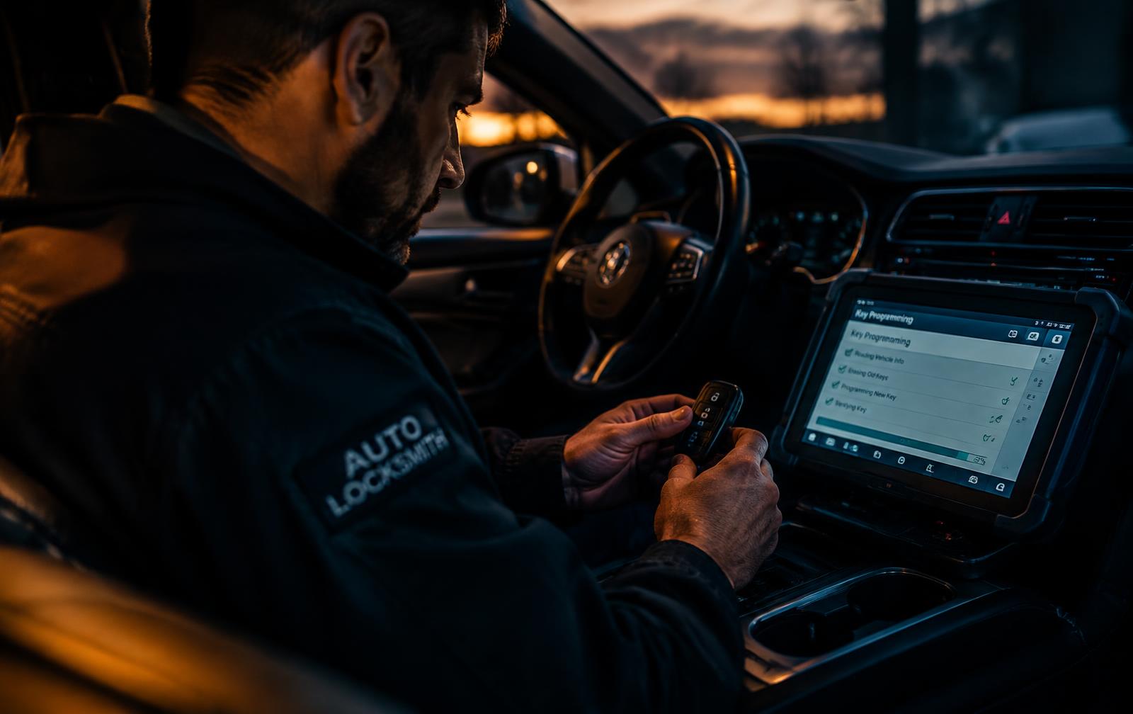Mobile automotive locksmith programming a car key fob on-site